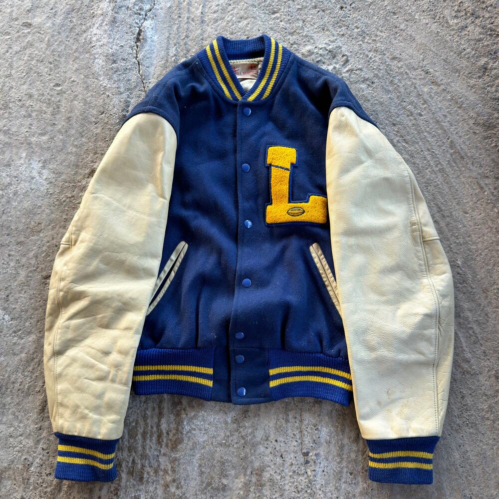 Vtg 60s Bill Beard Varsity Letterman Jacket Navy Wool Leather Collegiate Mens L